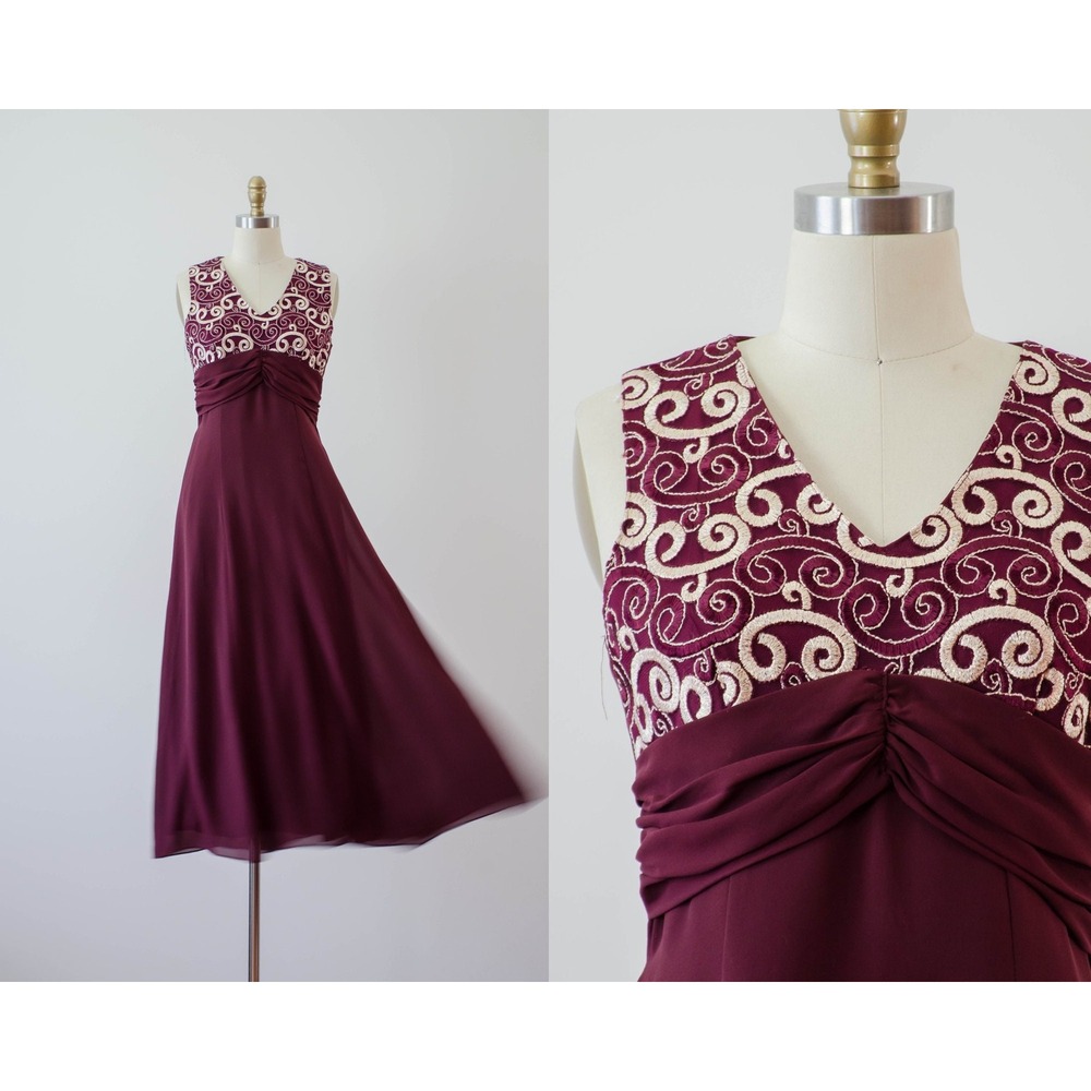 90s y2k vintage dark red‎ burgundy gold embroidered bridesmaid dress gown